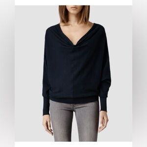 AllSaints Elgar Cowl Neck Sweater with Snap Back Buttons in Navy Blue